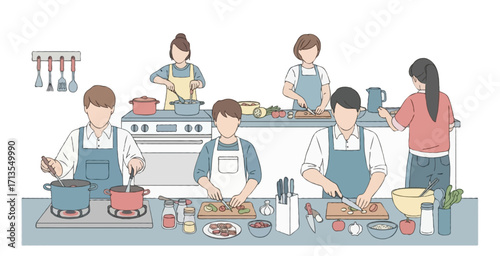 Flat vector illustration of people cooking in the kitchen