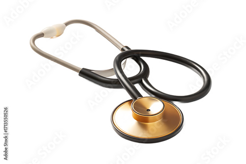 A close up shot of a black and gold stethoscope with silver tubing on a black background studio shot