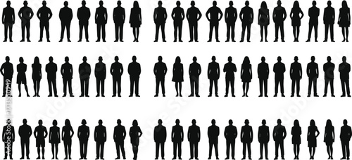 Business people silhouette group illustration, standing man and woman, office workers, professional team, corporate staff vector, black shadow figure design