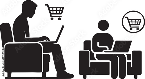 Silhouettes of people shopping online from comfortable chairs