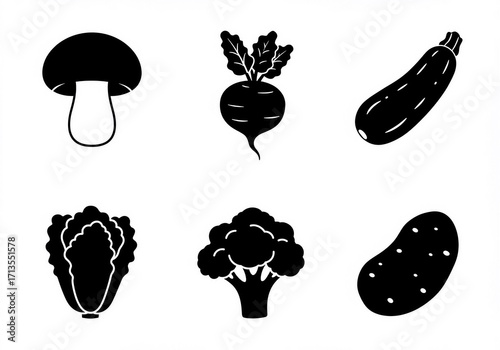 Black silhouette icons of various common vegetables including mushroom, beet, zucchini, lettuce, broccoli, and potato, representing healthy food and produce.