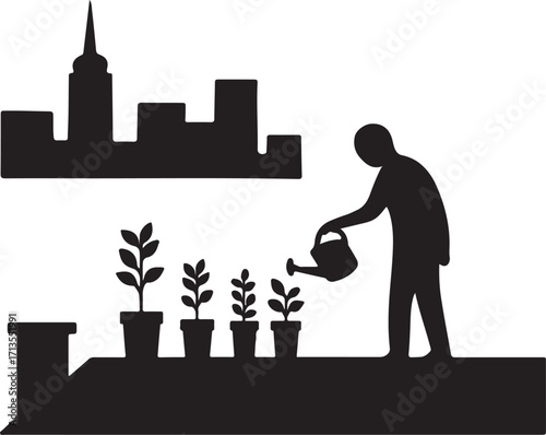 Silhouette of person watering plants on rooftop with city skyline