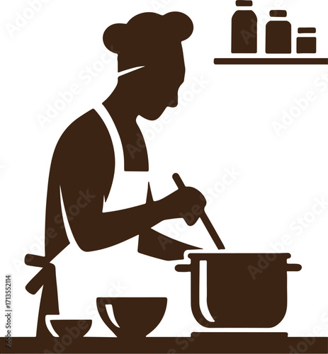 Silhouette of a chef cooking in a kitchen with pots and jars