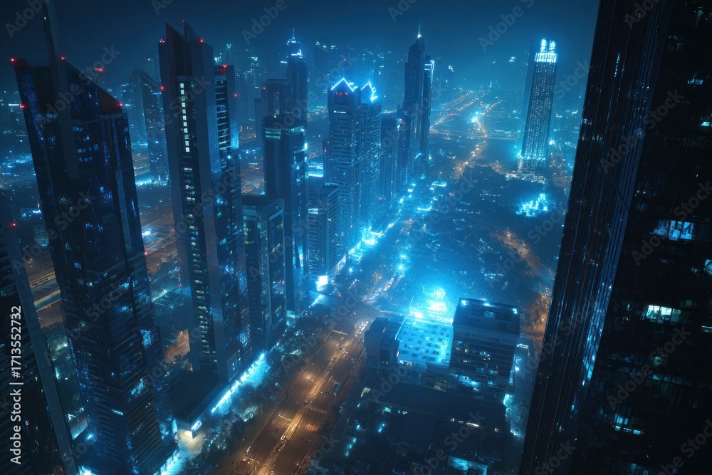 Fototapeta premium A cityscape at night glows with blue and gold lights, featuring a dense cluster of tall buildings and roads, taken from a high vantage point