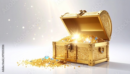 Render a shiny gold treasure chest with ornate handles and open lid, placed in a bright white architectural space with arches and columns, emphasizing contrast between luxury and minimalist elegance.