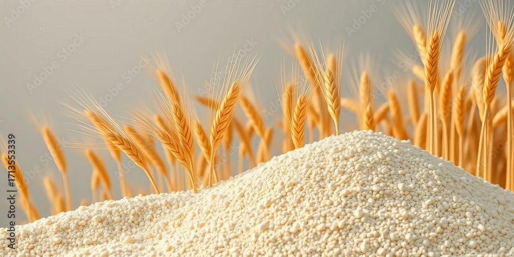 Obraz premium Golden wheat stalks transitioning into a pile of flour, meal, sunlight