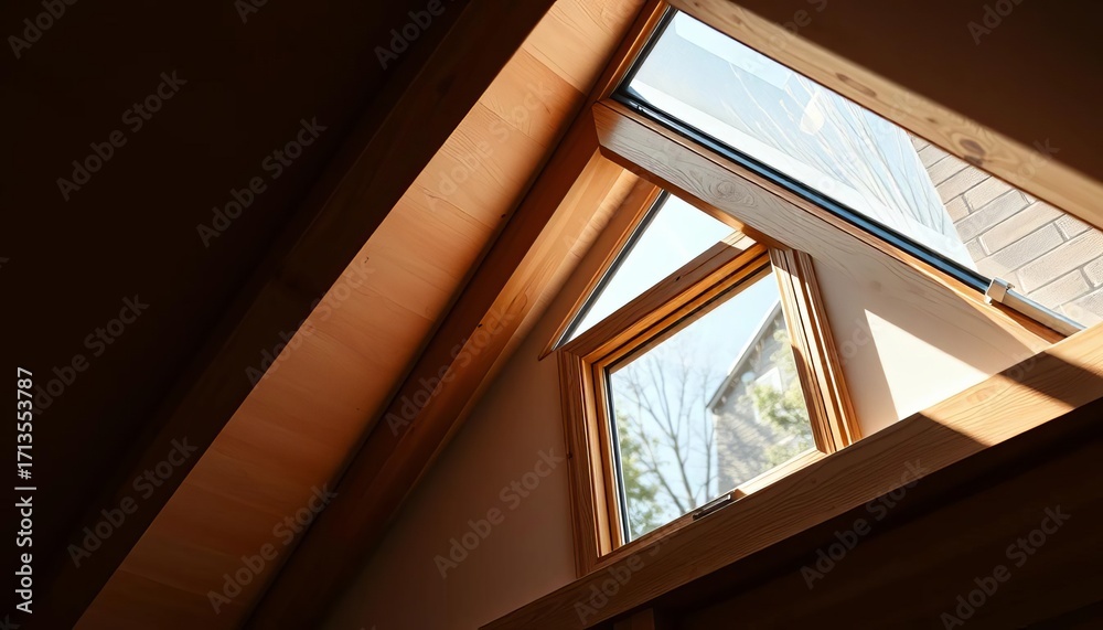 Obraz premium Rustic wooden framed skylight window installed in a sloped roof, natural light streaming through, daylight, frame