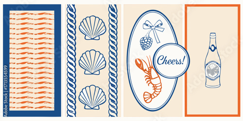 Nautical themed illustration with shrimp scallops lobster hops and a bottle of champagne