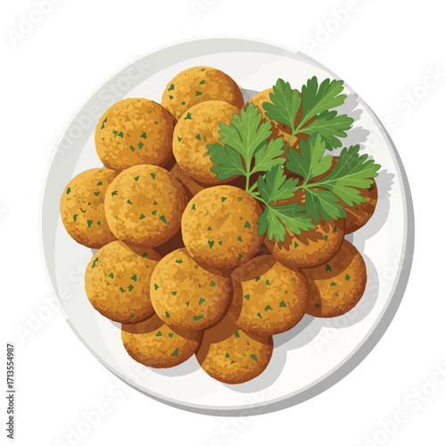 A delicious plate of freshly made, golden-brown falafel balls, garnished with a sprig of fresh parsley, viewed from above in a clean vector illustration