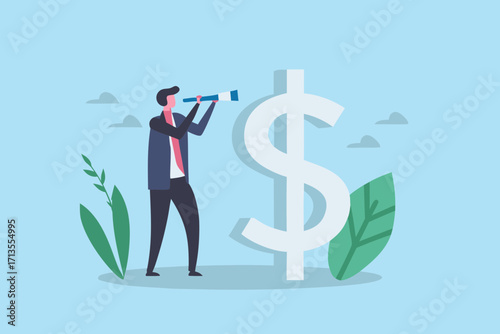 Businessman with telescope looking towards large dollar symbol representing financial future and investment opportunities