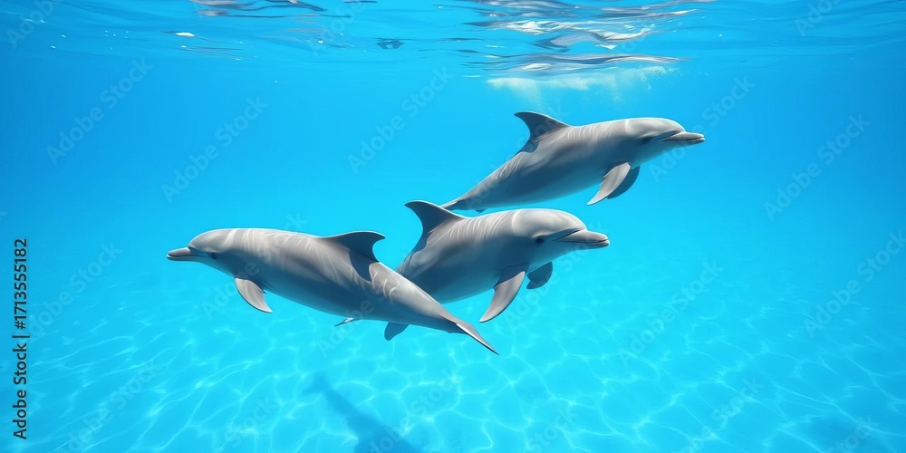 Obraz premium Three bottlenose dolphins swimming gracefully in clear ocean water, sea life, wildlife photography