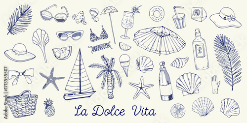 Collection of hand drawn summer vacation and beach elements with la dolce vita text