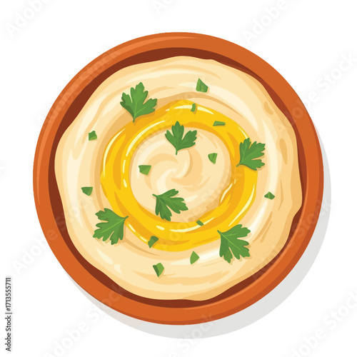 Creamy homemade hummus dip garnished with fresh parsley and a swirl of golden oil, a healthy and delicious Mediterranean appetizer served in a rustic bowl, perfectly blended for a classic taste