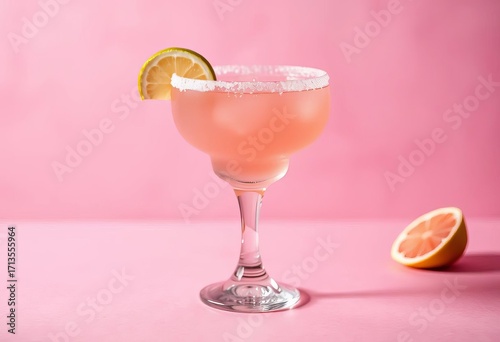 Pink salt rimmed margarita glass on pink background, cocktail, salt