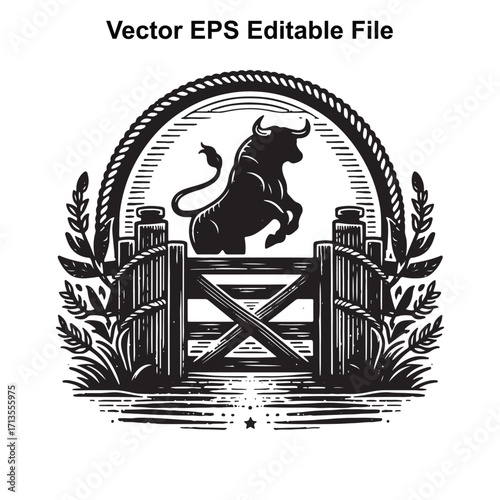 Vector art of bull jumping over a fence in a rustic farm setting