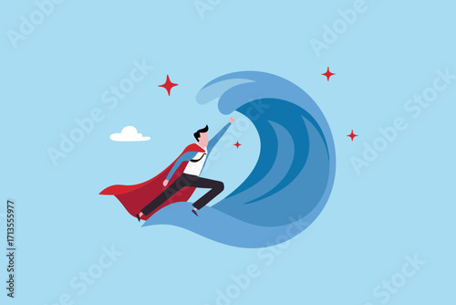 Businessman with red cape surfing a giant wave symbolizing success and overcoming challenges