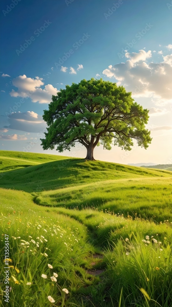 Fototapeta premium Majestic Tree on Green Hill Under Bright Blue Sky with Clouds