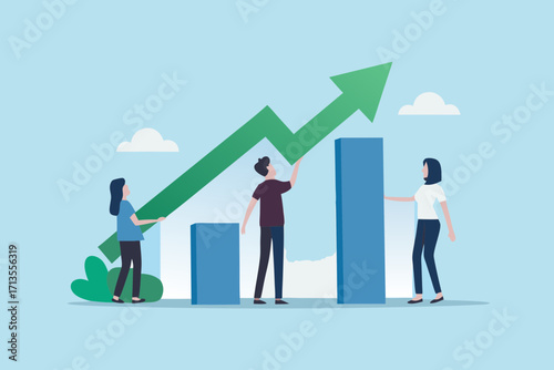 Teamwork and collaboration driving business growth and financial success with upward trending graph