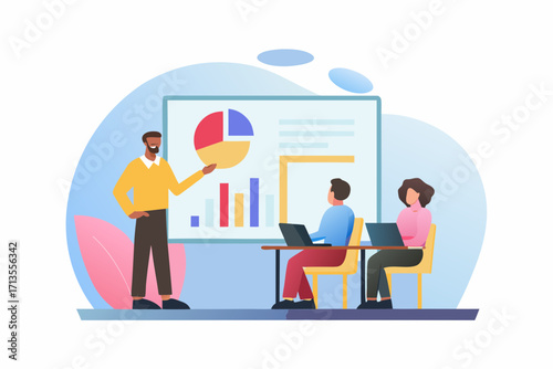 Diverse team in a modern office attending a business presentation with charts and graphs on a screen