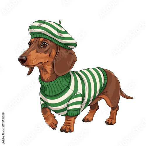 dachshund, sausage dog, wiener dog, cute dog, cartoon dachshund, stylish dog, fashionable dog, dog in sweater, striped sweater dog, beret dog, confident dog, walking dog, trendy pet, adorable dog, chi
