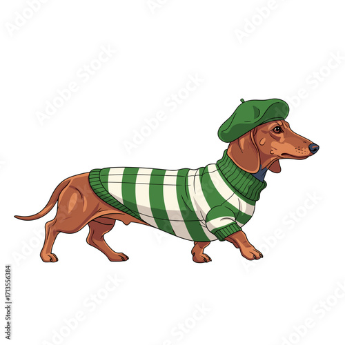 dachshund, sausage dog, wiener dog, cute dog, cartoon dachshund, stylish dog, fashionable dog, dog in sweater, striped sweater dog, beret dog, confident dog, walking dog, trendy pet, adorable dog, chi