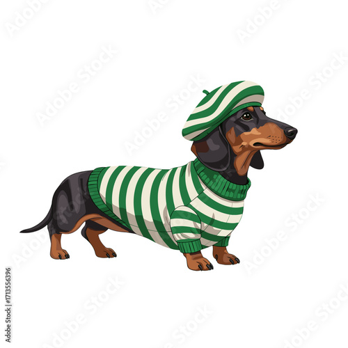 dachshund, sausage dog, wiener dog, cute dog, cartoon dachshund, stylish dog, fashionable dog, dog in sweater, striped sweater dog, beret dog, confident dog, walking dog, trendy pet, adorable dog, chi