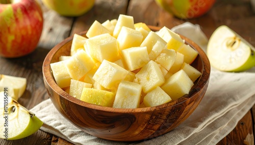 Cubed apples in a wooden bowl
