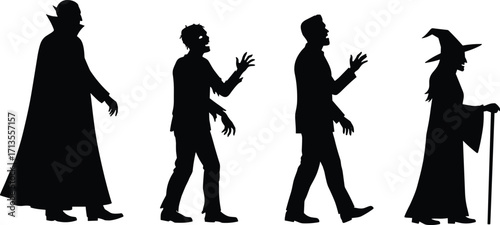 Set of Halloween character silhouettes including vampire, zombie, Frankenstein, and witch, spooky horror design for decoration, costume, and storytelling illustration