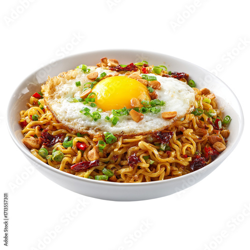 Asian noodle bowl with fried egg, scallions, peanuts and spicy chili oil, delicious street food or homemade comfort dish png