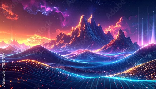 A vibrant digital landscape unfolds, showcasing a futuristic mountain range against a colorful, starlit sky.