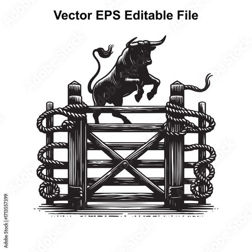 Vector art of bull jumping over wooden gate with rope