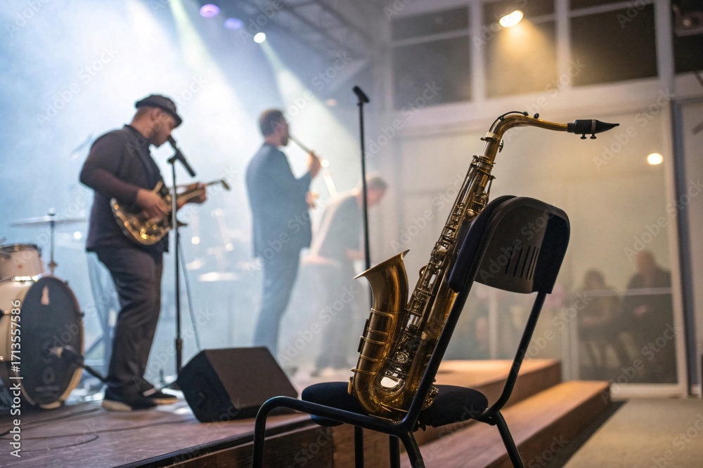 Naklejka premium Saxophone on chair foreground with jazz performance on stage