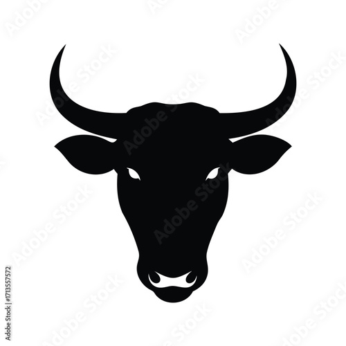 Silhouette of a powerful bull head with sharp horns in black color, bull head close up silhouette vector illustration