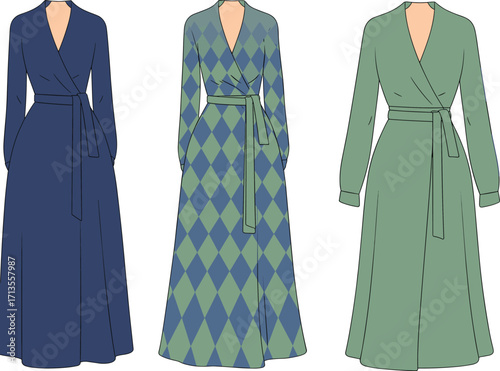 elegant wrap maxi dress cad drawing flat vector illustration, showing three color variations with long sleeves, waist tie belt, and flowing skirt
