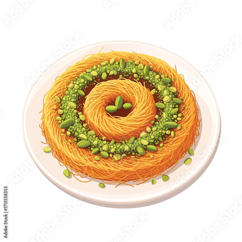 Golden strands of sweet dough, intricately layered and soaked in syrup, generously topped with vibrant green pistachios, a delectable traditional dessert presented on a pristine white plate