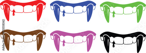 Terrifying vampire teeth dripping blood, perfect for Halloween designs or spooky themed projects