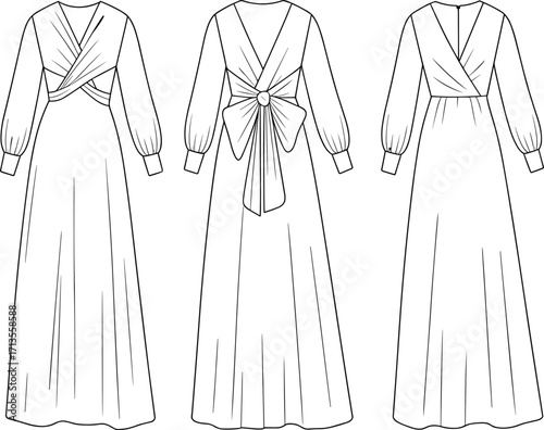 Elegant, long, sleeve, evening, dress, with, pleated, details, front, wrap, back, bow, waist, fitted, cuffs, gown, fashion, sketch, template, vector