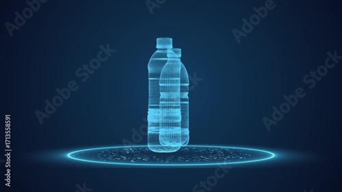 Drinking Water bottle scanning effect in HUD scan motion animation on dark blue screen 
