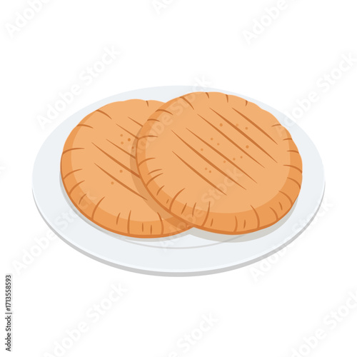 Appetizing illustration of two freshly prepared, round grilled flatbreads with distinct char marks, presented neatly on a white ceramic plate, perfect for a meal