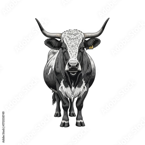 Detailed Illustration of a Longhorn Bull with White and Black Markings and Large Horns