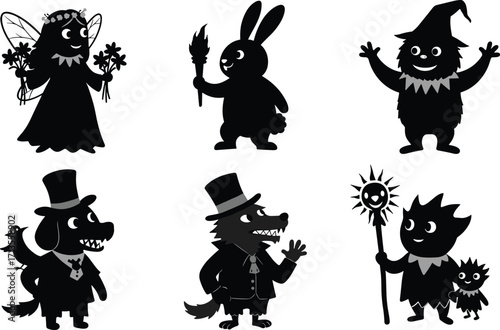 Set of whimsical fantasy character silhouettes with animals, magical accessories, and unique costumes, creative illustration for storytelling, decoration, and design projects