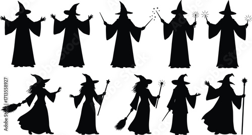 Set of witch silhouettes with pointed hats, brooms, and wands, magical poses, fantasy Halloween illustration for decoration, design, and storytelling