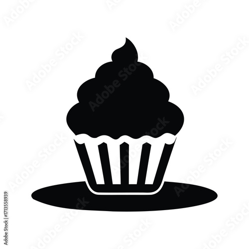Silhouette of a delightful cupcake with frosting on a small plate, cupcake on a plate silhouette vector illustration