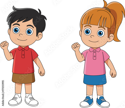 Cute cartoon boy and girl character, happy kids illustration, children standing and smiling, cad drawing flat vector illustration, school design