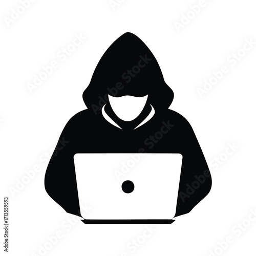 Silhouette of hooded figure using laptop computer suggests internet security issues, hacker using encrypted device silhouette vector illustration