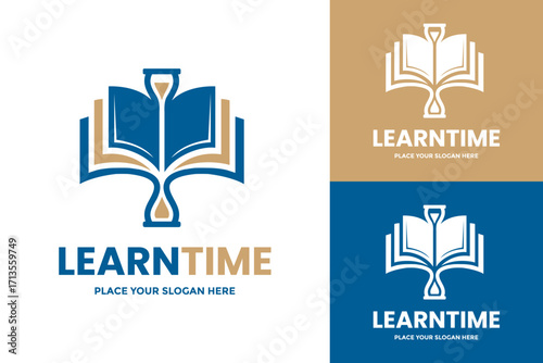 An innovative and elegant logo for education and knowledge, combining an open book with an hourglass, symbolizing that time spent on learning is valuable.