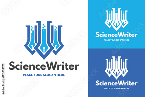 A creative, minimalist logo combining a pen nib with test tubes, suitable for science writers, educational platforms, research companies, or laboratory services.