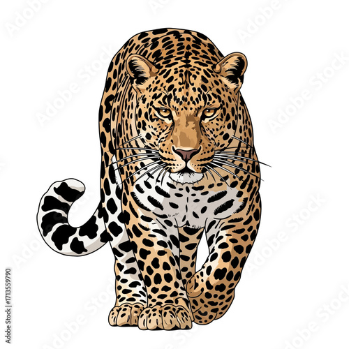 Dynamic illustration of a magnificent leopard, capturing its powerful stride and iconic spotted fur with an intense gaze