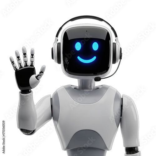 Smiling Android Robot with Headset and Black Hand Waving on Transparent Background