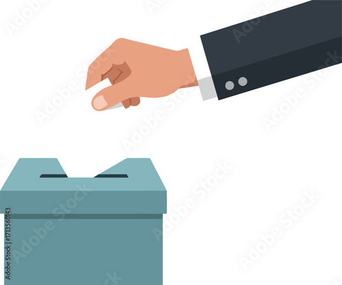 Man's hand in suit voting putting ballot into blue ballot box isolated vector